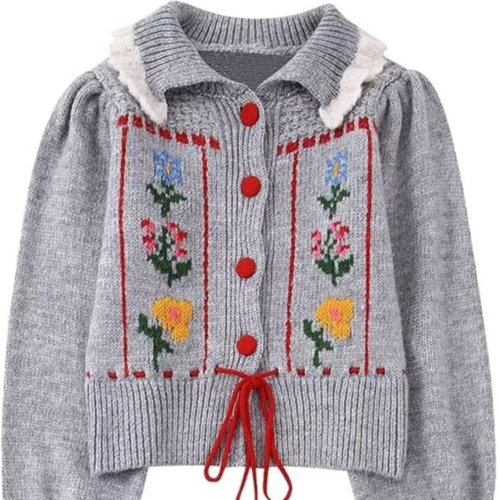 Red-Grey Buttoned Pull Tie Collared Cardigan Sweater One Size
